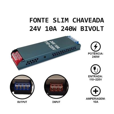 Fonte Chaveada Slim 24v 10a 240w Bivolt P Fita Led E Cftv