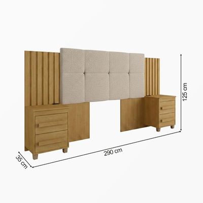 Cabeceira Suíça Extensível Ripado C/ 2 Mesas De Cabeceira Painel Estofado P/ Box - Cinamomo/pena