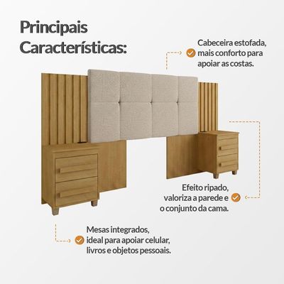 Cabeceira Suíça Extensível Ripado C/ 2 Mesas De Cabeceira Painel Estofado P/ Box - Cinamomo/pena