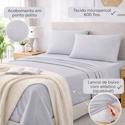 Jogo De Lençol Queen Premium Soft 600 Fios Micropercal Cinza Ponto Palito Toque Macio 4 Peças