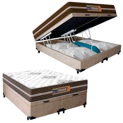 Cama Box Baú Casal Bipartido Suede + Colchão Molas Ensacadas Texas Prime Colchões 138cm