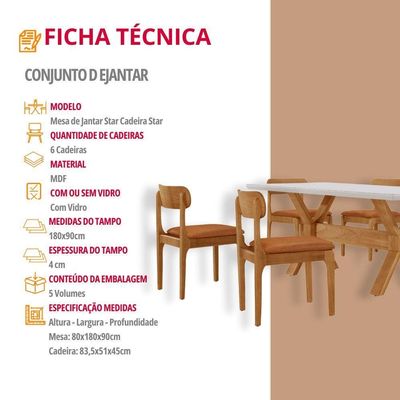 Sala De Jantar Mesa Startampo Laqueado E 6 Cadeiras Moderna Star Caramelo/laq Off/cinam. Imbuia