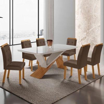 Mesa De Jantar Yasmin 180cm Tampo Com Vidro 6 Cadeiras Carol Veludo Marrom/nat/off/serig. Off