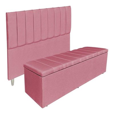 Kit Cabeceira E Calçadeira Recamier Baú Casal 1,40m Holanda Suede Rosa - Pallazio