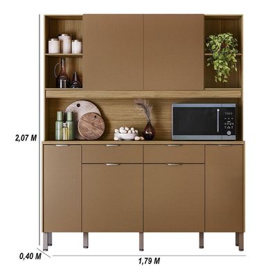 Armário De Cozinha Compacto Botanika 6 Portas 2 Gavetas Nicho P/micro-ondas 1,79m - Freijó/caramelo