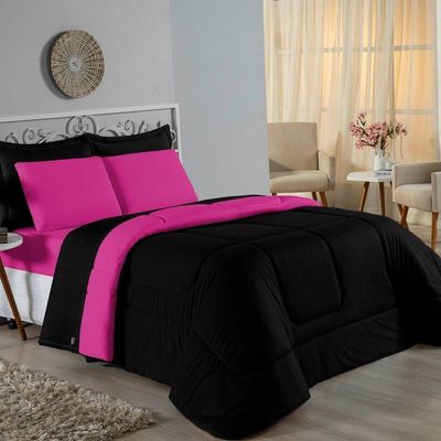 Edredom Queen Nobre 1 Peça Dupla Face 2,40m X 2,60m Malha 100% Algodão - Preto / Pink