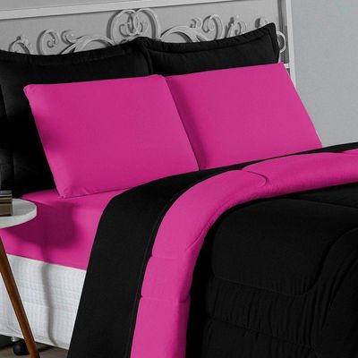 Edredom Queen Nobre 1 Peça Dupla Face 2,40m X 2,60m Malha 100% Algodão - Preto / Pink