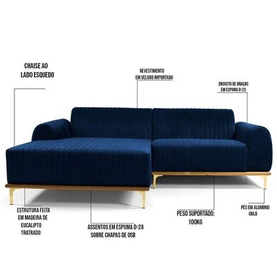 Sofá 245cm 4 Lugares Com Chaise B-304 Veludo Azul Marinho
