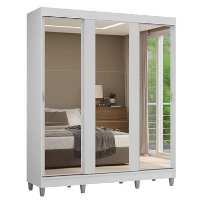 Guarda-roupa Casal Com Pés 3 Portas De Correr De Espelho Branco Reno Madesa