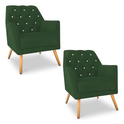 Kit 2 Poltronas Velvet Strass Veludo Pés De Madeira - Pallazio Cor Verde