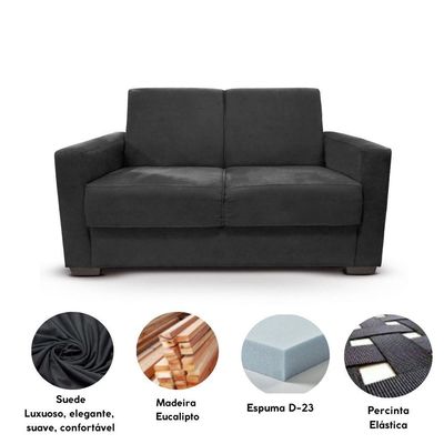 Sofá Estofado 2 Lugares Sala Estar Recepção Mariana Suede Preto