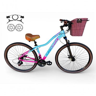 Bicicleta Aro 29 Feminina Absolute Hera Retrô Vintage 21v Hidráulica Selim  Cesta Azul-rosa Tam 15