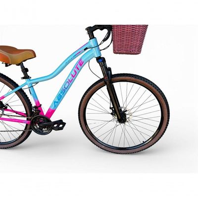 Bicicleta Aro 29 Feminina Absolute Hera Retrô Vintage 21v Hidráulica Selim  Cesta Azul-rosa Tam 15