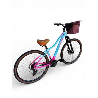 Bicicleta Aro 29 Feminina Absolute Hera Retrô Vintage 21v Hidráulica Selim  Cesta Azul-rosa Tam 15