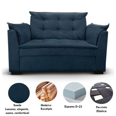 Sofá 2 Lugares Para Sala Moderno Confortável Alicia Suede Azul Marinho