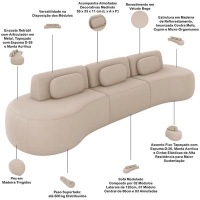 Sofá 5 Lugares Orgânico Para Sala Living 326cm Vasti M03 Veludo Bege - Lyam Decor