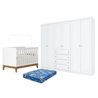Berço Americano Flip Branco Reller Guarda Roupa Casal Americano 6 Portas Branco Colchão Ortobom Henn
