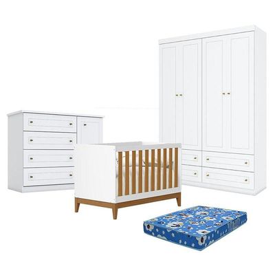 Quarto Bebê Americano 4 Portas Berço Americano Flip Branco   Savana Reller Colchão Ortobom Henn