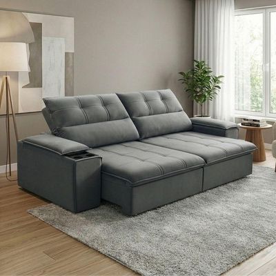 Sofá Retrátil E Reclinável 3 Lugares 2,10m Com Porta Copos Amore Cinza
