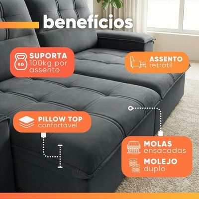 Sofá Retrátil E Reclinável 3 Lugares 2,10m Com Porta Copos Amore Cinza