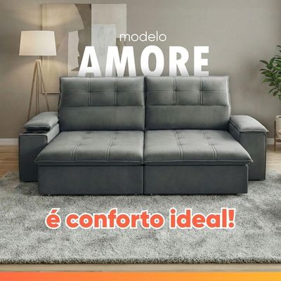 Sofá Retrátil E Reclinável 3 Lugares 2,10m Com Porta Copos Amore Cinza