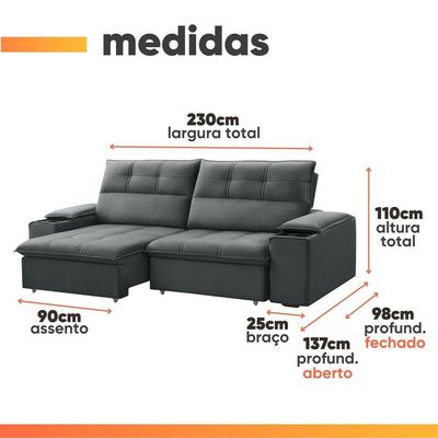 Sofá Retrátil E Reclinável 3 Lugares 2,30m Com Porta Copos Amore Cinza
