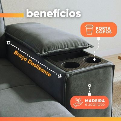 Sofá Retrátil E Reclinável 3 Lugares 2,30m Com Porta Copos Amore Cinza