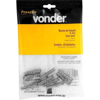 Bucha De Nylon Para Fixação 5 Mm, Com Anel, Cartela Com 10 Peças, Vonder Ostenvonder