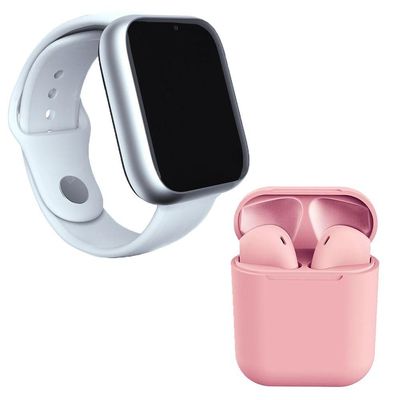 Kit 1 Relógio Smartwatch Z6 Branco + 1 Fone Bluetooth Rosa