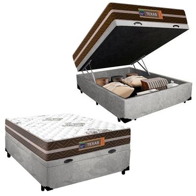 Cama Box Baú Casal Suede + Colchão Molas Ensacadas Texas Prime Colchões Cinza 138cm