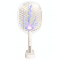 Raquete Elétrica Mata Insetos Recarregável com Base e Luz LED - atrai mosquitos à noite