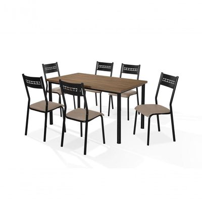Conj. 6 Cadeiras E Mesa Tampo Nogal E Tubo Preto Titanium
