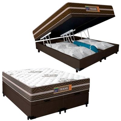 Cama Box Baú Casal Bipartido Suede + Colchão Molas Ensacadas Texas Colchões 138x188x67cm Marrom