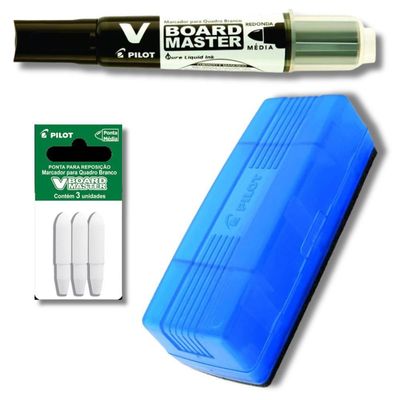 Kit para Quadro Branco Marcador Recarregável + Apagador + Ponta Para Marcador Pilot Preto