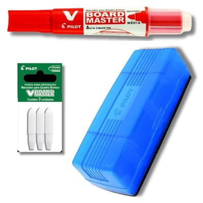 Kit Para Quadro Branco Marcador Recarregável + Apagador + Ponta Para Marcador Pilot Vermelho