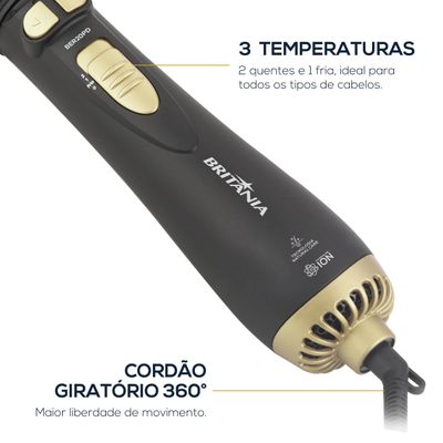 Escova Rotativa Secadora Britânia BER20PD com 3 Temperaturas Bivolt – Preta/Dourada