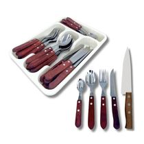 Kit Jogo de Talheres com Porta Talher Facas Garfos Colheres Mesa Sobremesa Amadeirado