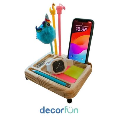 Organizador De Mesa Iluminado Em Madeira - Porta Canetas, Celular E Post-it