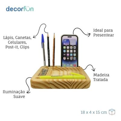 Organizador De Mesa Iluminado Em Madeira - Porta Canetas, Celular E Post-it