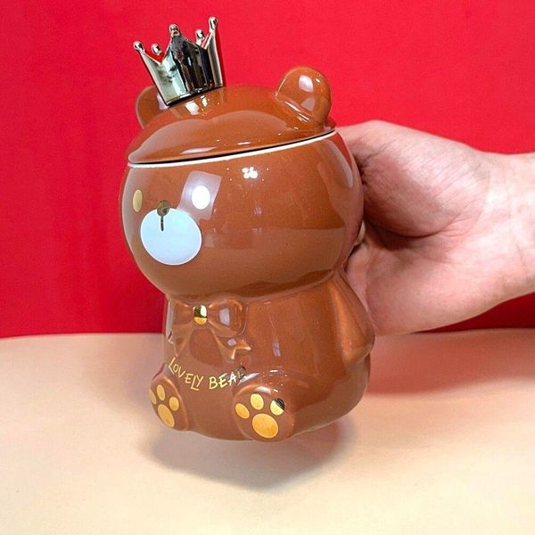 Caneca Porcelana 3d Com Tampa E Colher Ursinho Marrom