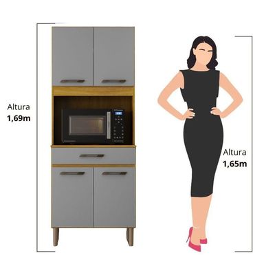 Armário De Cozinha Multiuso 4 Portas Com Espaço Micro-ondas Cinamomo/cinza Acetinado