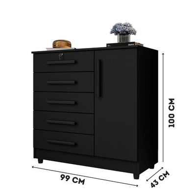 Cômoda Grande 5 Gavetas 1 Porta Com Chave Elegante Preta Preto