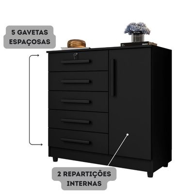 Cômoda Grande 5 Gavetas 1 Porta Com Chave Elegante Preta Preto
