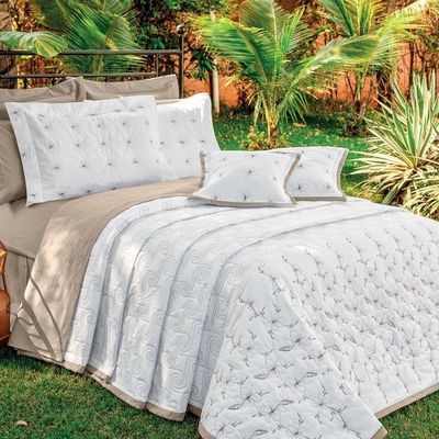 Kit Cobre Leito Istambul Casal King Size 5 Peças Percal 100% Algodão Bordado - Branco