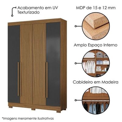 Guarda Roupa Solteiro 2030240 4 Portas 154 Cm Atacama Grafite Armoveis