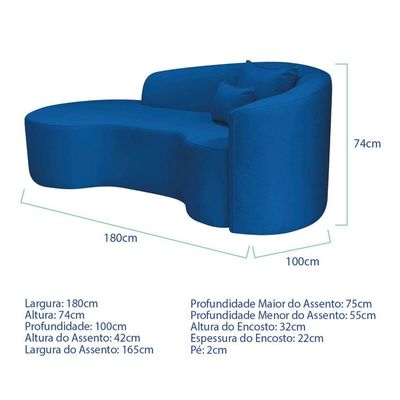 Kit Recamier Curvo Sala De Estar Inglaterra 180cm Lado Esquerdo E Poltrona Orgânica Linho Azul Royal
