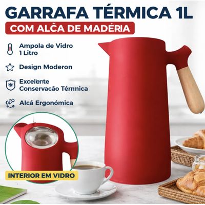 Garrafa Térmica Atenas 1L Vermelha Ampola de Vidro Yins