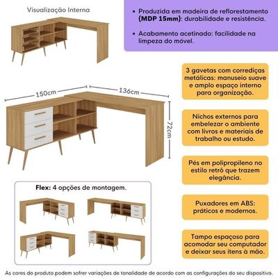 Escrivaninha De Estudos Em L Com 3 Gavetas Porto Multimóveis Mp6045 Madeirado/branco