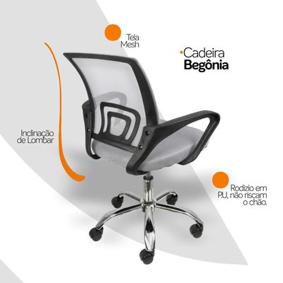 Kit 4 Cadeiras De Escritório Begonia Ergonômico Cinza