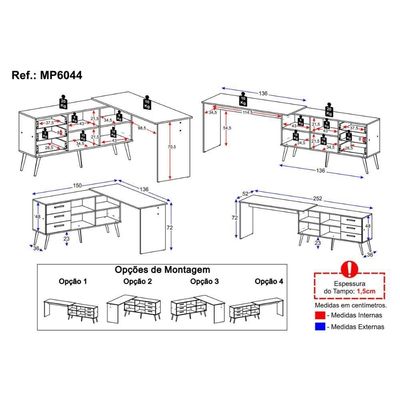 Mesa De Escritório Em L Com 3 Gavetas Porto Multimóveis Mp6044 Branco